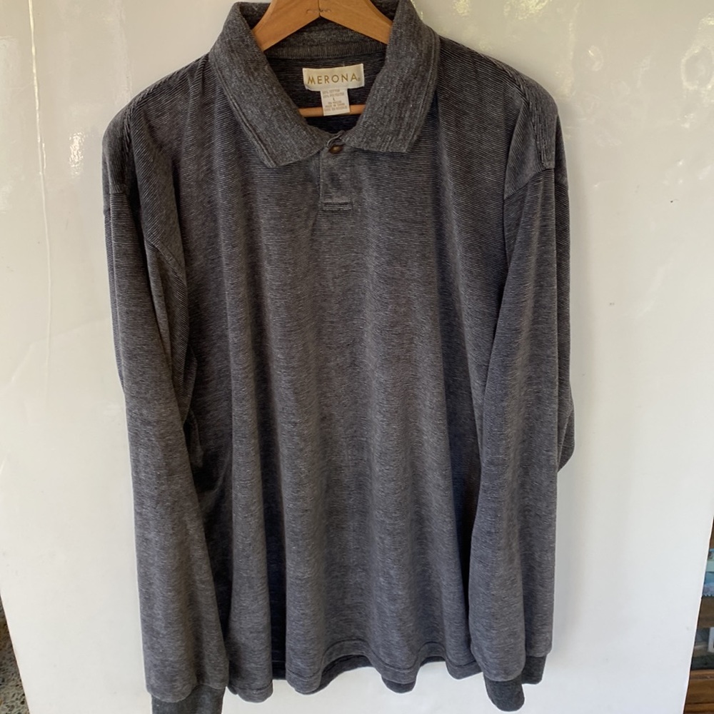 Men’s velour pullover shirt, grey, L one button placket machine wash